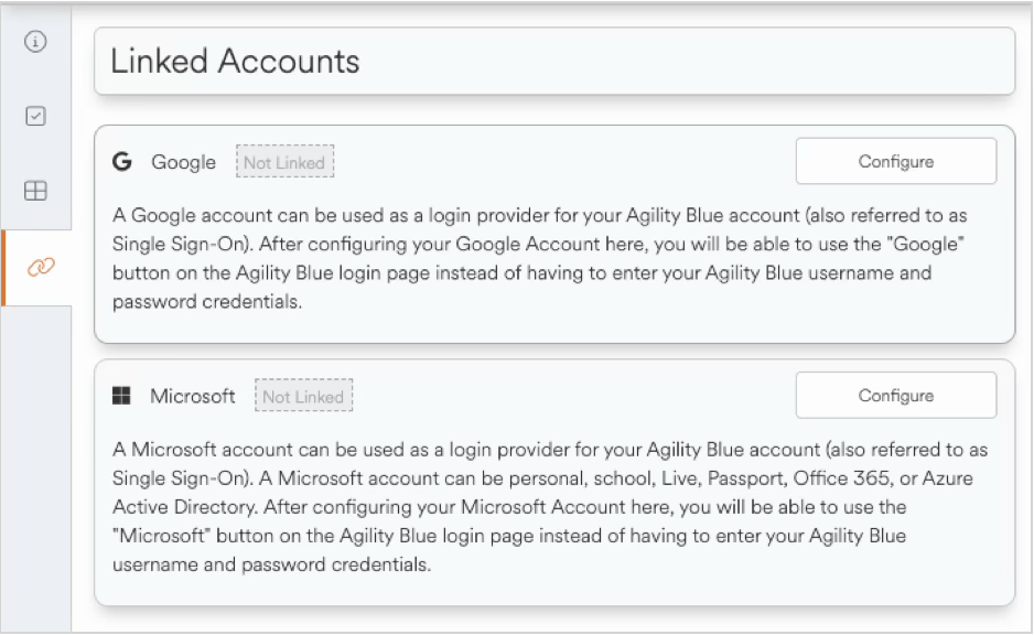 Linked accounts for Google and Microsoft with configuration options displayed.